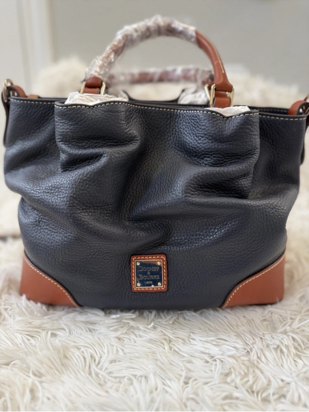 Dooney & Bourke Black with Brown Trim Pebbled Leather Tote